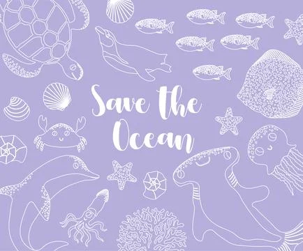 Vector ocean illustration with hammer fish,ellyfish,devil fish,penguin,crab.Save Stock Illustration