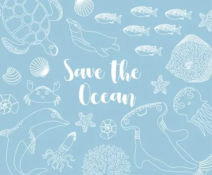 Vector ocean illustration with hammer fish,ellyfish,devil fish,penguin,crab.Save 스톡 일러스트