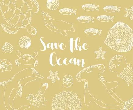 Vector ocean illustration with hammer fish,ellyfish,devil fish,penguin,crab.Save 스톡 일러스트