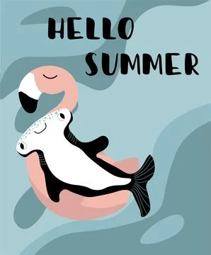 Vector ocean illustration with hammerhead fish on an inflatable flamingo. Hello Stock Illustration