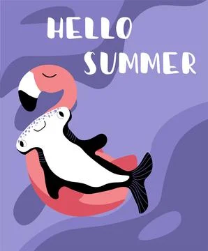 Vector ocean illustration with hammerhead fish on an inflatable flamingo. Hello Stock Illustration