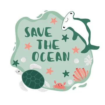 Vector ocean illustration with hammerhead fish,turtle,crab,starfish,coral.Save Illustrazione stock