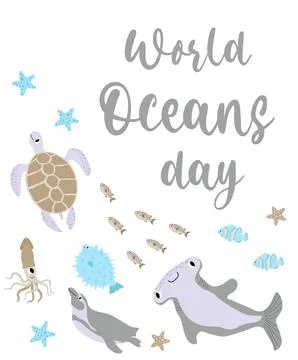 Vector ocean illustration with hammerhead fish,turtle,penguin,squid.Worlg ocean Stock Illustration