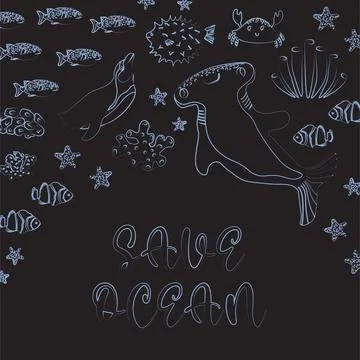 Vector ocean illustration with penguin, hammerhead fish,corals .Save Ocean - Stock Illustration