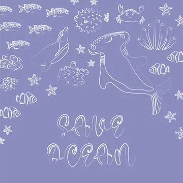 Vector ocean illustration with penguin, hammerhead fish,corals .Save Ocean - Stock Illustration