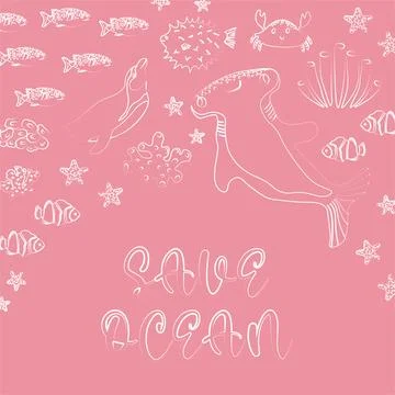 Vector ocean illustration with penguin, hammerhead fish,corals .Save Ocean - Stock Illustration