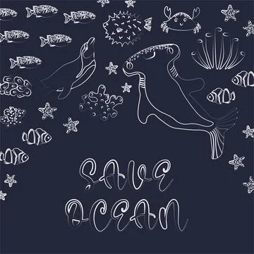 Vector ocean illustration with penguin, hammerhead fish,corals .Save Ocean - Stock Illustration