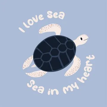 Vector ocean illustration with turtle. I love sea,sea in my heart - modern Stock Illustration