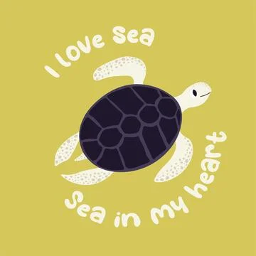 Vector ocean illustration with turtle. I love sea,sea in my heart - modern Stock Illustration