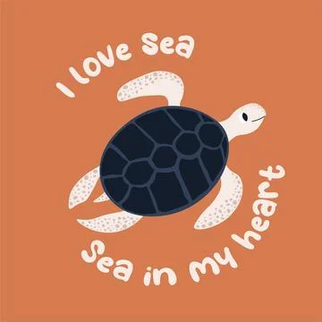 Vector ocean illustration with turtle. I love sea,sea in my heart - modern Illustrazione stock