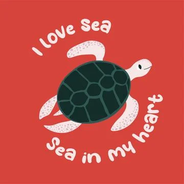 Vector ocean illustration with turtle. I love sea,sea in my heart - modern Stock Illustration