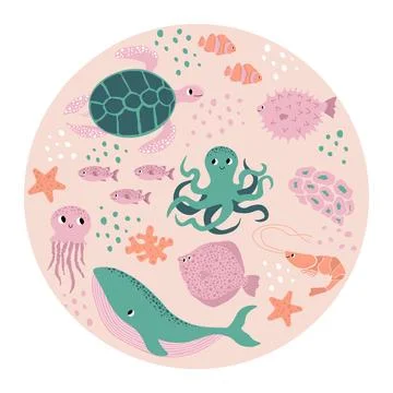 Vector ocean illustration with whale, octopus, turtle, flounder, shrimp, clown Illustrazione stock