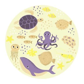 Vector ocean illustration with whale, octopus, turtle, flounder, shrimp, clown Stock Illustration