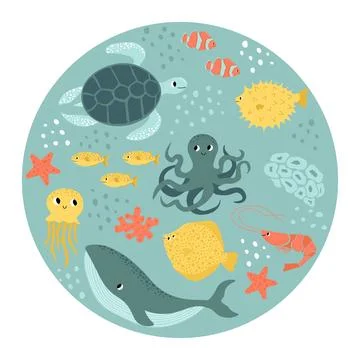 Vector ocean illustration with whale, octopus, turtle, flounder, shrimp, clown Stock Illustration