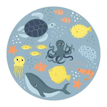 Vector ocean illustration with whale, octopus, turtle, flounder, shrimp, clown Stock Illustration