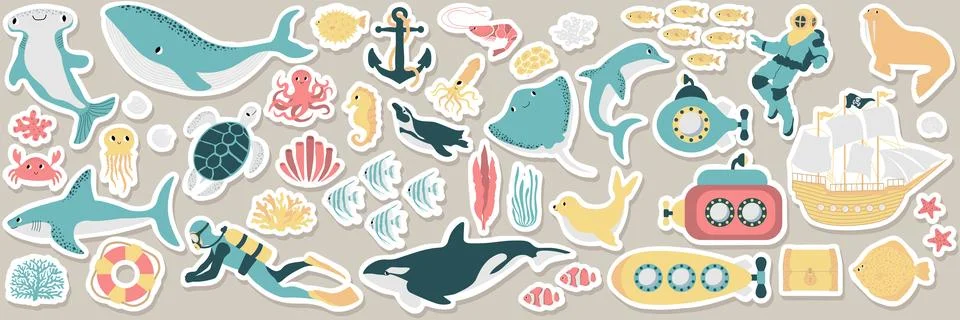 Vector ocean stickers mega set with whale,turtle,submarine,shark,crab,octopus Stock Illustration
