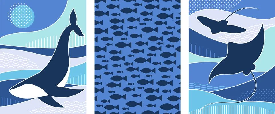 Vector ocean wall art poster set. Stock Illustration