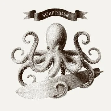 Vector octopus tentacles holding a surfboard in the style of vintage etchings 스톡 일러스트