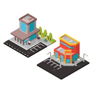 Vector office and mall isometric buildings isolated Stock Illustration