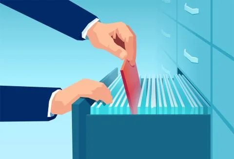 Vector of an office clerk pulling out red folder from a file cabinet drawer 스톡 일러스트