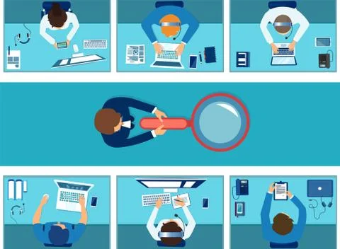 Vector of office cubicles with employees working on computers and manager sup Stock Illustration