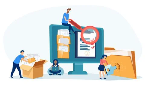 Vector of office employees managing  data base and file archive on computer s Stock Illustration