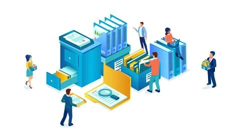 Vector of office employees managing paper documents, file folders, and data.. Illustrazione stock