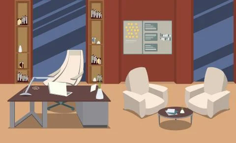 Vector office interior with workplace. Employees workplaces, work desk row with Stock Illustration