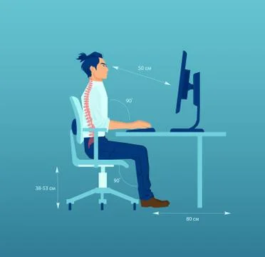 Vector of an office worker with correct sitting posture ergonomics at desk wh Stock Illustration