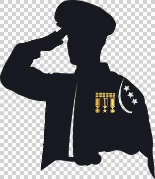 Vector officer silhouette on transparent background is saluting with gold medals Stock Illustration