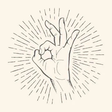 Vector OK gesture. Allright sign hand drawn sketch. Stock Illustration