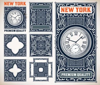 Vector old baroque card set. Floral and watch details Stock Illustration