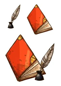 Vector old books and ink quill feather pens Ilustración de archivo