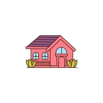 Vector old cartoon red house with purple roof icon. Vector house decorated with 스톡 일러스트