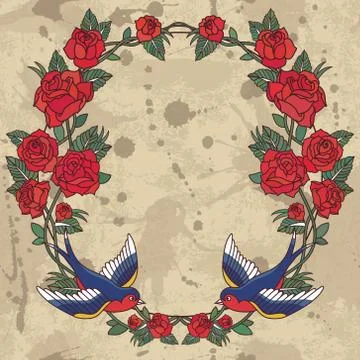 Vector old school frame with roses and birds. Background with text place. Stock Illustration