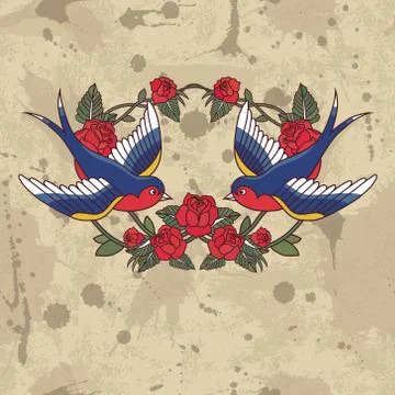 Vector old school frame with roses and birds. Background with text place. Stock Illustration