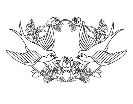 Vector old school frame with roses and birds. Background with text place. Stock Illustration