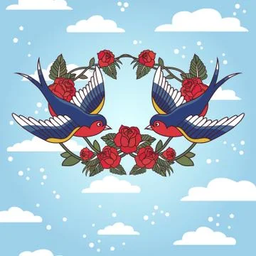 Vector old school frame with roses and birds. Background with text place. Stock Illustration