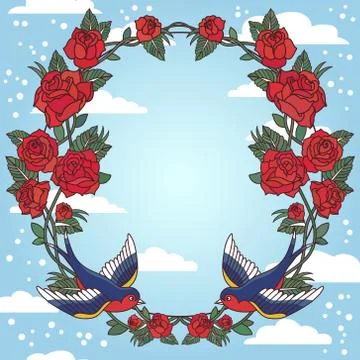 Vector old school frame with roses and birds. Background with text place. Stock Illustration