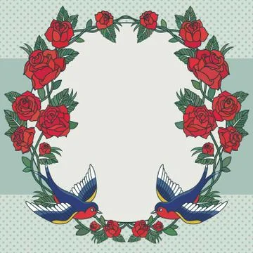 Vector old school frame with roses and birds. Background with text place. Stock Illustration
