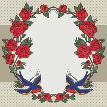 Vector old school frame with roses and birds. Background with text place. Stock Illustration