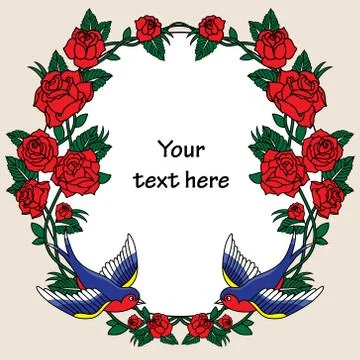 Vector old school frame with roses and birds. Background with text place. Stock Illustration