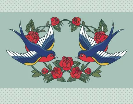 Vector old school frame with roses and birds. Background with text place. Stock Illustration