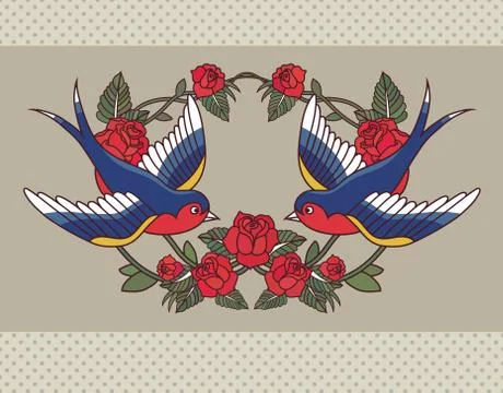 Vector old school frame with roses and birds. Background with text place. Stock Illustration