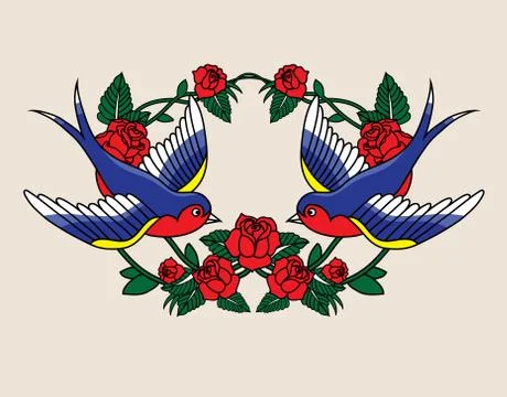 Vector old school frame with roses and birds. Background with text place. Stock Illustration