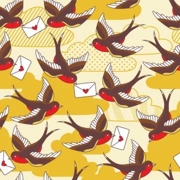 Vector old school seamless pattern with birds and love letters Stock Illustration