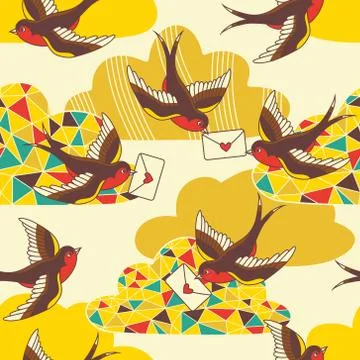 Vector old school seamless pattern with birds and love letters Stock Illustration