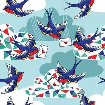 Vector old school seamless pattern with birds and love letters Stock Illustration