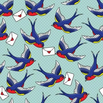 Vector old school seamless pattern with birds and love letters Stock Illustration