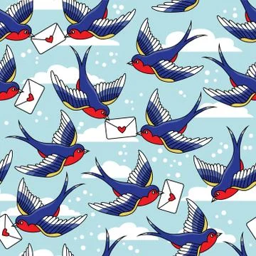 Vector old school seamless pattern with birds and love letters Stock Illustration